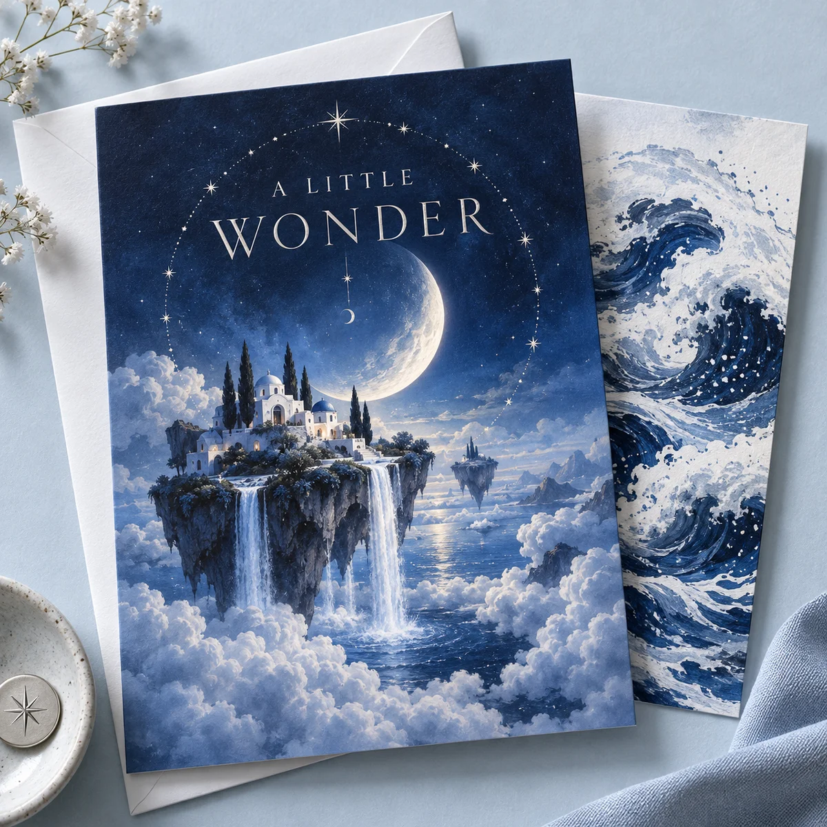 Surreal moonlit floating island and ink ocean wave greeting cards