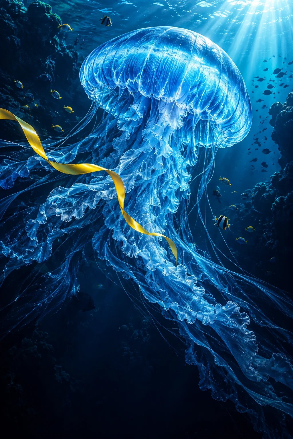 Luminous blue jellyfish and a yellow ribbon drifting through a deep blue ocean