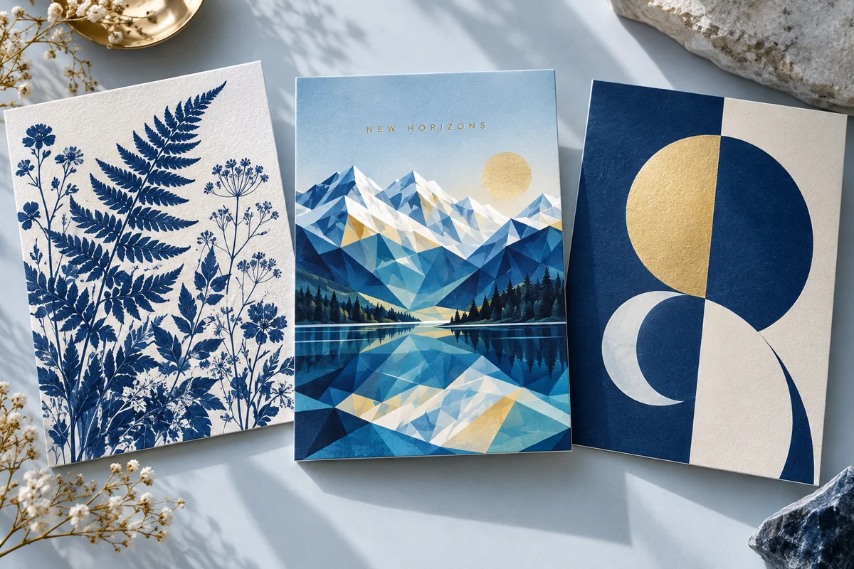 Greeting cards in botanical cyanotype, geometric alpine landscape and abstract styles