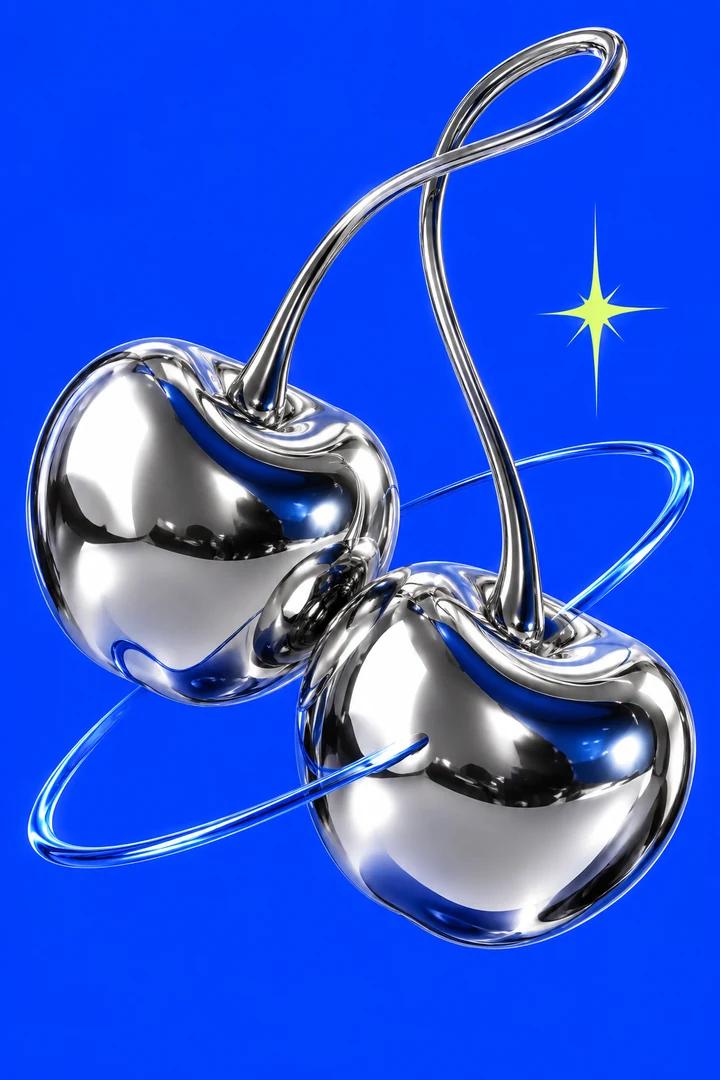 Liquid chrome cherries against electric cobalt blue